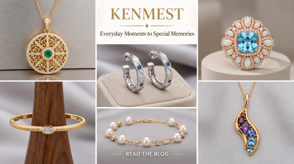 Kenmest jewelry collage featuring a gold pendant, gold bracelet, silver hoop earrings, gemstone ring, pearl bracelet, and colorful gemstone pendant with curated collection and blog text.